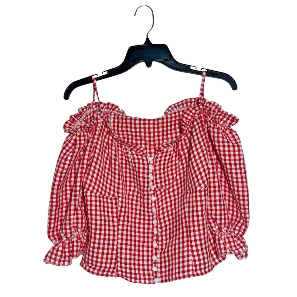Red White Gingham Off Shoulder Button-Up Puff Sleeve Coquette Crop Top M Cottage